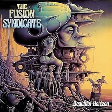 "The Fusion Syndicate" und "Beautiful Horizon". Surreale Illustration mit futuristischen und organischen Formen.