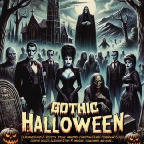 "Gothic Halloween" steht in großer, schauriger Schrift. Eine Gruppe von Vampiren und Untoten vor einer gotischen Kulisse.