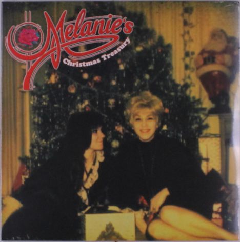 Text: "Melanie's Christmas Treasury." Zwei Frauen sitzen vor einem geschmückten Weihnachtsbaum, im Hintergrund ein Weihnachtsmann.