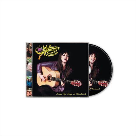 "Melanie's Children" und "Songs She Sang at Woodstock". Eine Frau mit Gitarre auf CD-Cover, fröhlich und musikalisch.