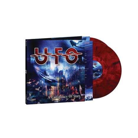 Text: „UFO A Conspiracy Of Stars“. Cover mit futuristischer Stadt, Raumschiffen und roter, marmorierter Schallplatte.