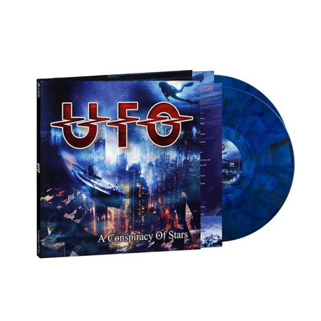"UFO" und "A Conspiracy Of Stars" auf einem Albumcover mit futuristischer Stadt und einem blauen Vinyl-Plattencover.