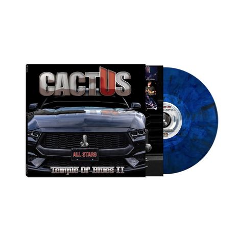"Cactus", "All Stars", "Temple Of Blues II". Ein dunkelblauer Sportwagen und eine blaue Schallplatte.