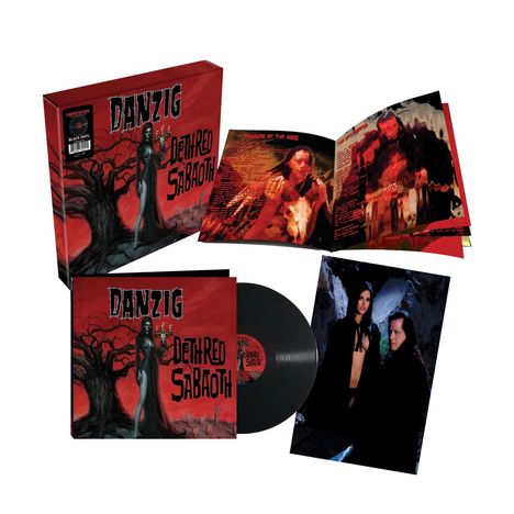 "Danzig - Deth Red Sabaoth" in roten Buchstaben. Ein Albumcover zeigt eine Frau mit Leuchter vor einem Baum.