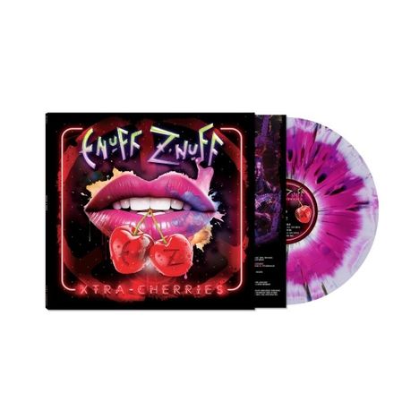 Cover mit "Enuff Z’Nuff", "Xtra Cherries". Illustration: Lippen zwischen Kirschen, violett-weiße Schallplatte.
