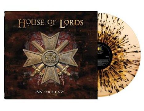 Text: "HOUSE OF LORDS", "ANTHOLOGY". Ein großes Emblem mit Schwertern auf einem dunkelbraunen Hintergrund. Beige Vinyl-Schallplatte mit schwarzen Sprenkeln.