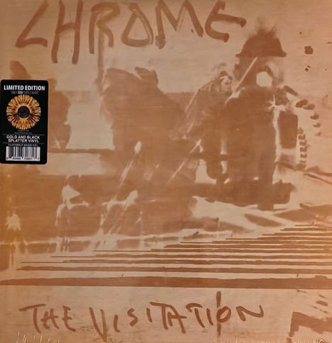 Texte: "CHROME", "THE VISITATION", "LIMITED EDITION". Illustration in Brauntönen mit abstrakten Formen und Stufen.