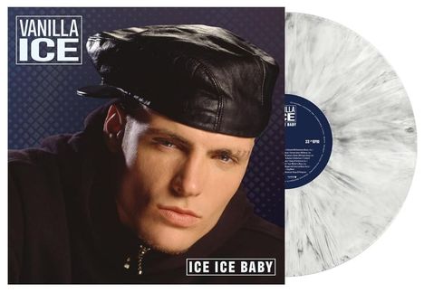 "VANILLA ICE" oben links, "ICE ICE BABY" unten. Nahaufnahme eines Mannes mit Lederkappe, daneben eine Vinyl-Schallplatte.