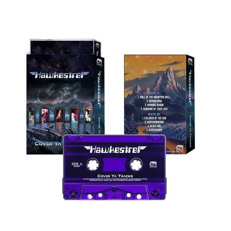 "Cover Ya Tracks" von "Hawkestrel" auf einer Kassette und zwei Albumcovern mit futuristischen und Berglandschaften.