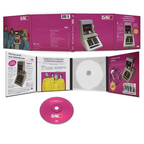 Texte: "Now you can fill your existential holes", "Designed by a whole team of professional engineers". Pinkes CD-Design, People in farbiger Kleidung.