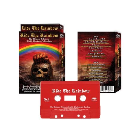 „Ride The Rainbow“ steht oben auf einer Kassette und Verpackung. Ein Schädel mit Regenbogen im Hintergrund.