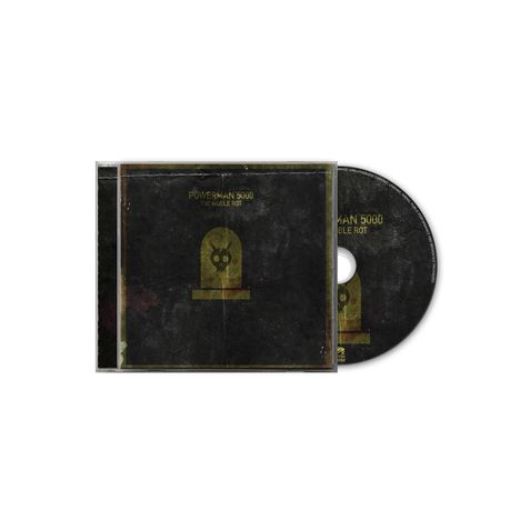 "POWERMAN 5000" und "THE NOBLE ROT" stehen oben. Ein gelbes Grabstein-Symbol mit Totenkopf darauf, in dunklem Hintergrund.