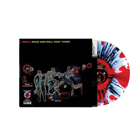 Text oben: "OZMA | ROCK AND ROLL PART THREE".  
Eine Platte mit rot-blau-weißem Spritzmuster.