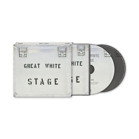 "Great White Stage" auf einer CD-Hülle und zwei CDs. Design wie ein Metall-Flightcase mit Schnallen.