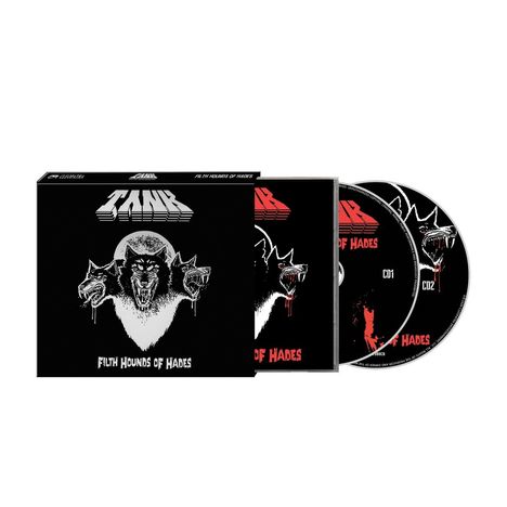 „TANK“ und „FILTH HOUNDS OF HADES“ sind auf einem CD-Box-Set mit einem dreiköpfigen Hund zu sehen.