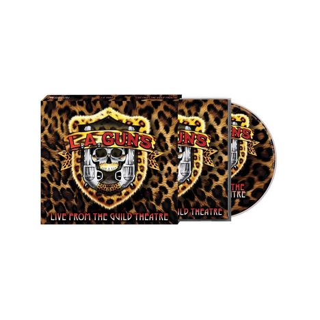 "L.A. GUNS" und "LIVE FROM THE GUILD THEATRE" vor einem Leopardenmuster und Totenkopf mit Pistolen-Logo.