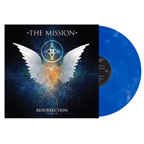 "The Mission", "Resurrection: The Best Of", blaues Vinyl, weiße Flügel vor einem farbenfrohen, energetischen Hintergrund.