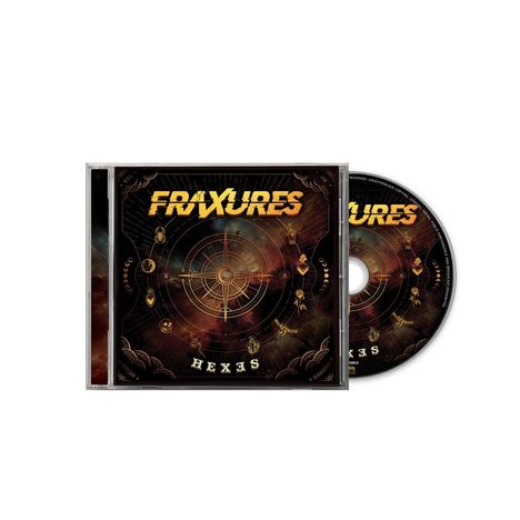 Text: FRIXURES, HEXES. Design: Mystisches Rad mit Symbolen, dunkle Farbpalette. CD-Hülle und -Disk-Set.