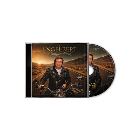 „ENGELBERT Humperdinck, Faithfully“. Ein Mann in Lederjacke auf einem Motorrad vor einer Straße bei Sonnenuntergang.