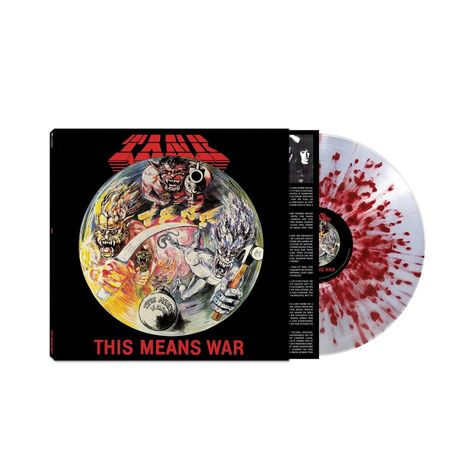 "THIS MEANS WAR" steht in roten großen Buchstaben. Illustration zeigt Monster um die Erde, auf einem farbigen Vinyl.