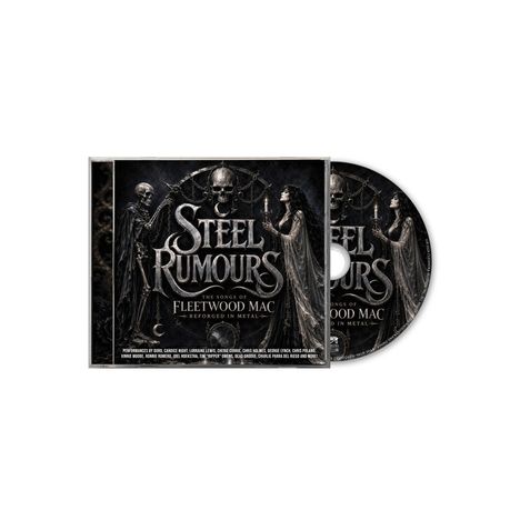 "Steel Rumours: The Songs of Fleetwood Mac Reforged in Metal." Zwei Figuren, ein Skelett und eine Frau, halten Kerzen.