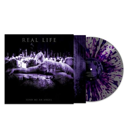 Text: "REAL LIFE" und "SEND ME AN ANGEL". Cover mit liegender Engelsskulptur. Vinyl in lila und weißem Splatter-Muster.
