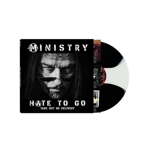 "MINISTRY - HATE TO GO, TAKE OUT OR DELIVERY." Schwarzes Cover mit einem ernsten Gesicht und Sonnenbrille, darüber Vinyl.