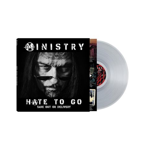 "MINISTRY", "HATE TO GO", "TAKE OUT OR DELIVERY" in weißem Text auf schwarzem Hintergrund. Gesicht mit Sonnenbrille. Schallplatte.
