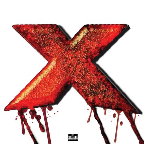 Ein großes, blutrot texturiertes "X" mit tropfenden Kanten auf weißem Hintergrund, kleiner Warnhinweis: "Parental Advisory Explicit Content".