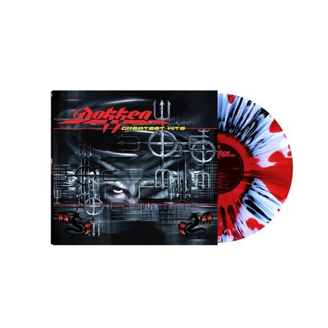 Text: "Dokken Greatest Hits". Illustration mit Auge, geometrischen Mustern, zwei schwarzen Drachen und bunter Schallplatte.