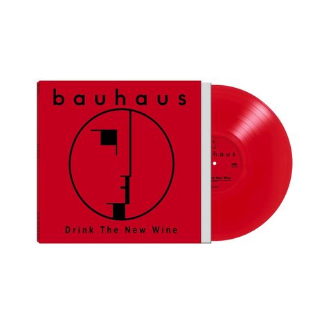 „bauhaus“ und „Drink The New Wine“ auf rotem Hintergrund. Illustration: Profil eines Gesichts in einem Kreis. Eine rote Schallplatte.