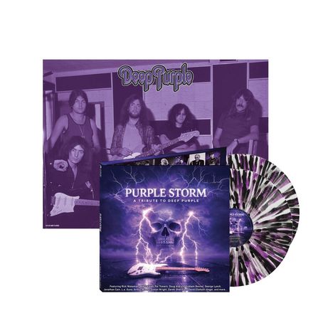 „Purple Storm: A Tribute to Deep Purple“. Ein Cover mit Blitz, Totenkopf und Gitarrenmotiven, daneben Vinyl im lila Design.