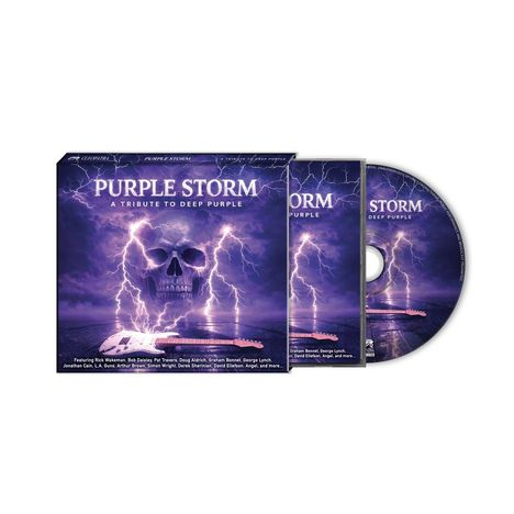 "PURPLE STORM: A TRIBUTE TO DEEP PURPLE" zeigt ein bedrohliches, lila Gewitter mit einem Totenkopf aus Blitzen.