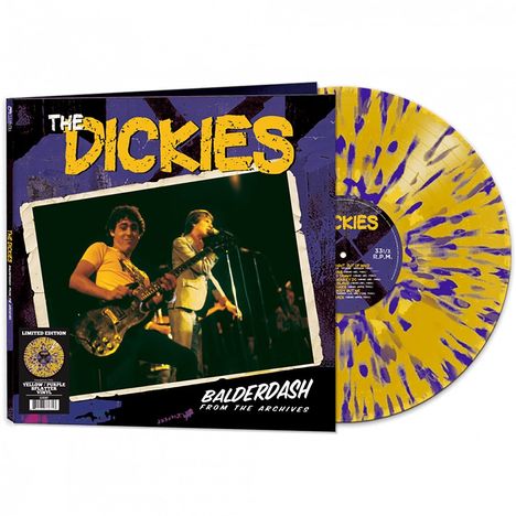 Albumcover mit gelbem "THE DICKIES" Logo und Bandfoto. Text: "BALDERDASH FROM THE ARCHIVES". Bunte Schallplatte.