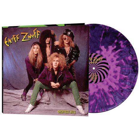 „Enuff Z'Nuff Greatest Hits“, vier Personen in rockiger Kleidung, bunte Schallplatte mit lila und schwarzen Mustern.