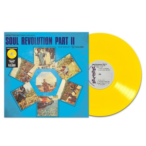 „Soul Revolution Part II“ von Bob Marley and the Wailers. Gelbe Schallplatte, sechs Fotos in einem blauen Cover.