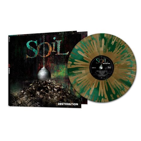 "SOiL" und "Restoration" sind die prominentesten Texte. Cover mit Abrissbirne über Trümmern, bunte Vinyl-Schallplatte.