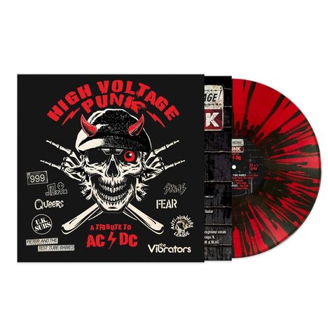 "High Voltage Punk" und "A Tribute to AC/DC". Schädel mit rotem Auge und Hörnern, gekreuzte Drumsticks, rote und schwarze Platte.