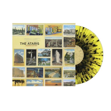 "The Ataris ...anywhere but here." Postkarten-Collage, gelbe Schallplatte mit schwarzen Sprenkeln.