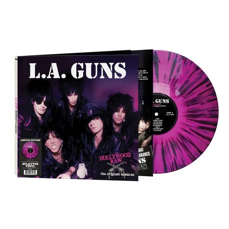 "L.A. GUNS" und "HOLLYWOOD RAW" auf einem Albumcover. Fünf Personen, darunter ein Vinyl in Pink-Schwarz.
