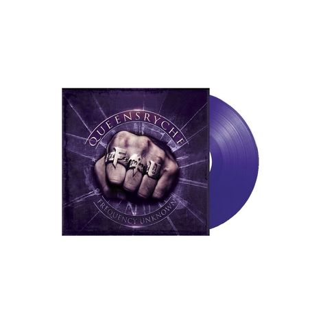 Cover mit "Queensrÿche", "Frequency Unknown". Faust mit F-U-Ringen vor lila Hintergrund, daneben lila Vinylplatte.