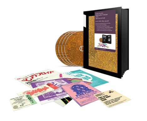 Texte: „Pink Floyd The Early Years 1972 Obfusc/ation“ auf einem CD/DVD/Blu-ray Set. Verschiedene bunte Flyer liegen davor.