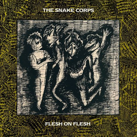 "The Snake Corps. Flesh on Flesh." Eine schwarz-weiße Illustration von vier abstrakten, gezeichneten Figuren.