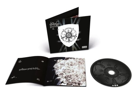 Texte: "gallows grey britain." CD-Cover mit Blume in Schwarzweiß. Zwei Gehäuseteile sichtbar.