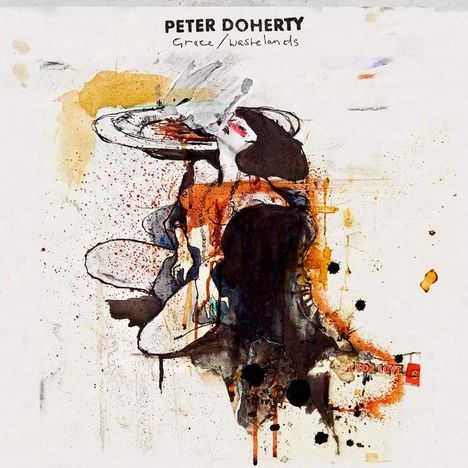 Text: PETER DOHERTY, Grace/Wastelands. Eine abstrakte, farbenreiche Illustration einer sitzenden Figur mit intensiven Linien.