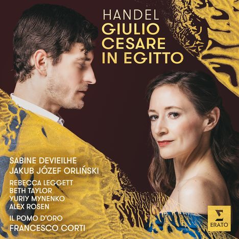 Text: "HANDEL GIULIO CESARE IN EGITTO". Namen erscheinen unten. Links ein Mann, rechts eine Frau, goldene Muster. Erato-Logo.