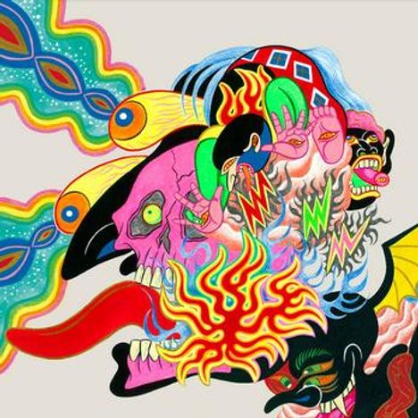 Ohne erkennbaren Text. Farbenfrohe Illustration mit surrealen, abstrakten Elementen und Gesichtern.