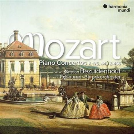 "Mozart Piano Concertos K. 175, 449 & 466. Kristian Bezuidenhout Freiburger Barockorchester." Vintage Illustration einer Villa.