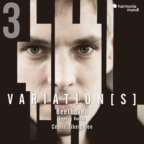 "3 VARIATION[S] Beethoven Ligeti Kurtág Cédric Tiberghien. Rechte Gesichtshälfte durch schmale Balken sichtbar."