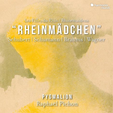 "RHEINMÄDCHEN" in großen Buchstaben. Schubert, Schumann, Brahms, Wagner darunter. Weiche gelbe und graue Töne.